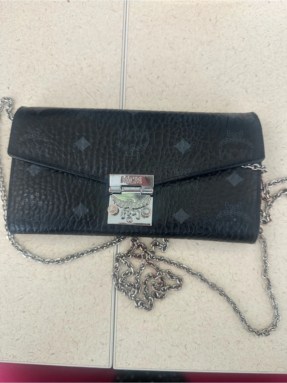 MCM Black Logo-Print Leather Chain Wallet